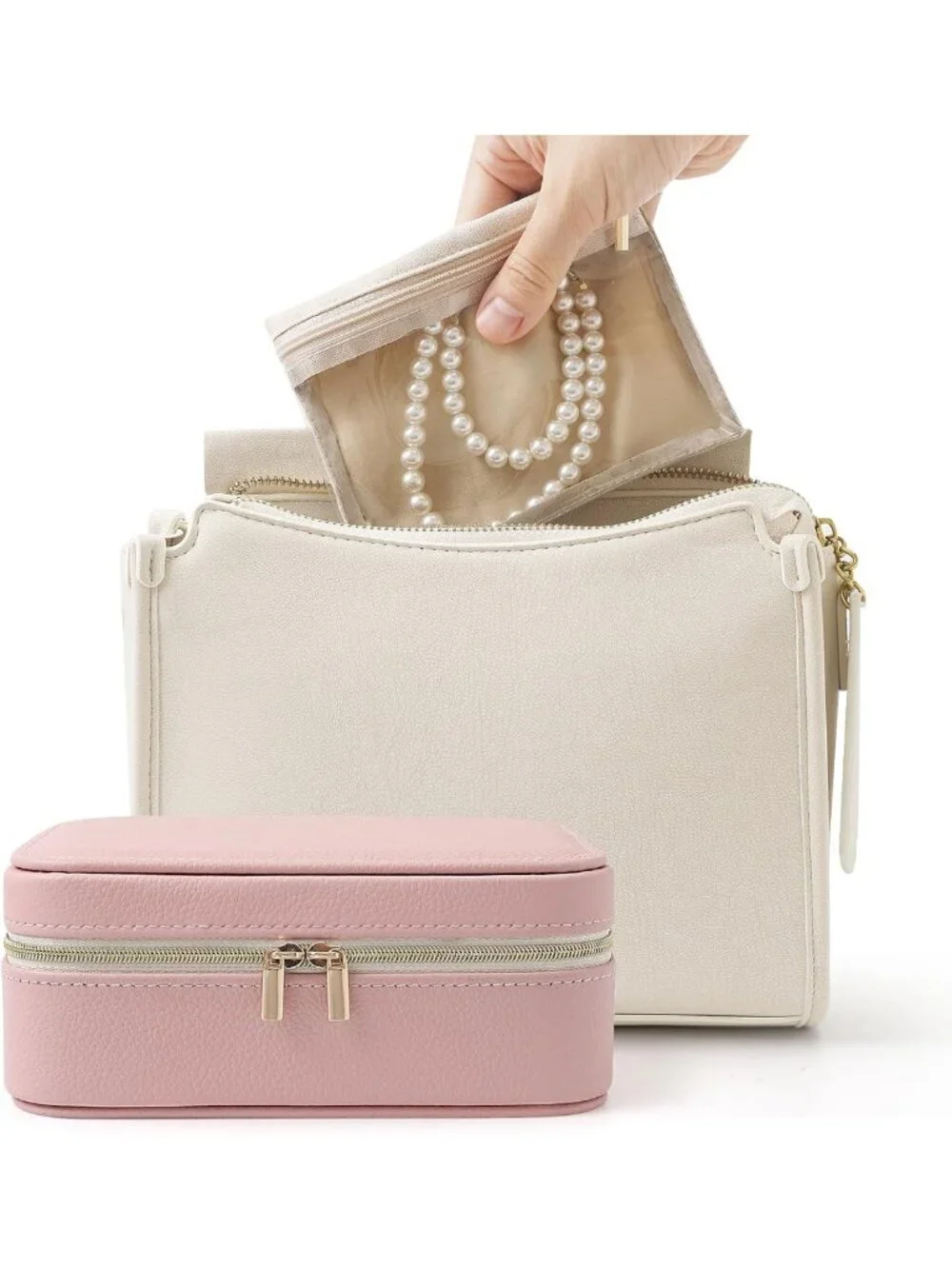 Stylish Genuine Leather Travel Jewelry Organizer Case with 6 Zipper Bags - Mini